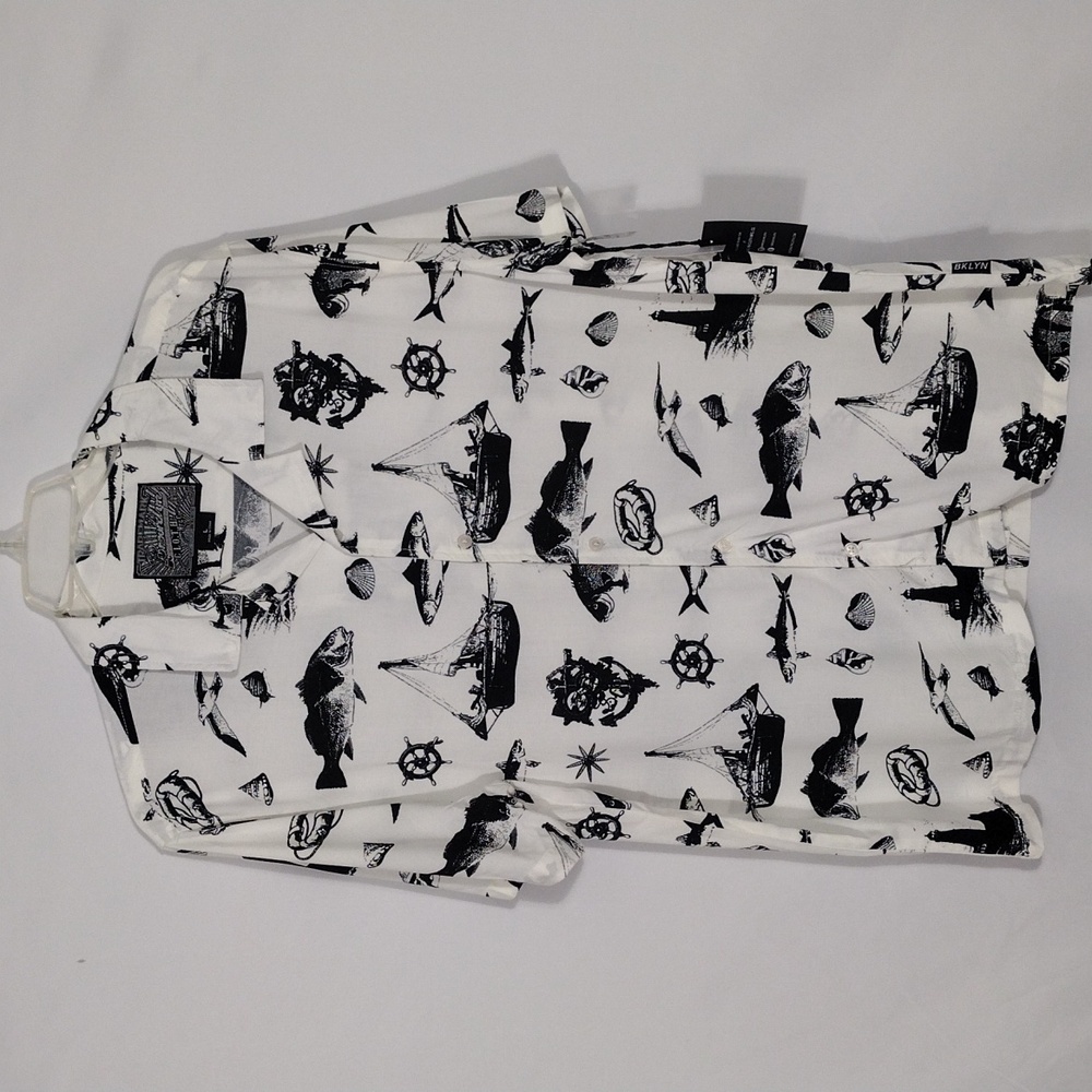 NWT Brooklyn Clothing Mfg. Co. Cream Nautical Sketch Rayon Button Down Men Sz Sm